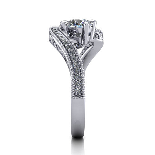 Stevie round three stone engagement ring in Platinum, side profile showing the engraved filigree scrolls, pave diamond center row, and milgrain bead borders along the band