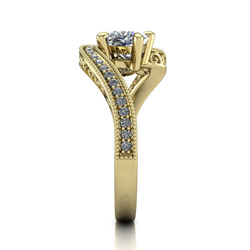 Stevie cushion three stone engagement ring in 14K Yellow Gold, side profile showing the engraved filigree scrolls, pave diamond center row, and milgrain bead borders along the band