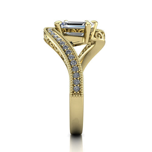 Stevie emerald three stone engagement ring in 18K Yellow Gold, side profile showing the engraved filigree scrolls, pave diamond center row, and milgrain bead borders along the band