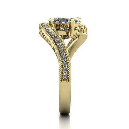 Stevie oval three stone engagement ring in 14K Yellow Gold, side profile showing the engraved filigree scrolls, pave diamond center row, and milgrain bead borders along the band