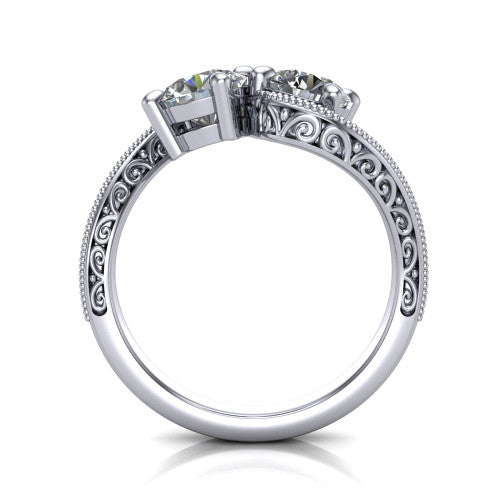 Stevie round three stone engagement ring in 14K White Gold, through-finger front profile showing the two-stone head, filigree shoulders, milgrain band edges, and pave center row