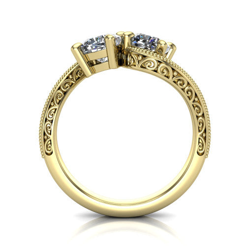 Stevie cushion three stone engagement ring in 14K Yellow Gold, through-finger front profile showing the two-stone head, filigree shoulders, milgrain band edges, and pave center row
