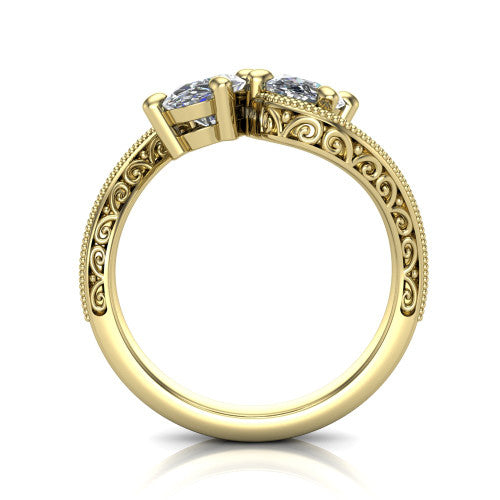 Stevie oval three stone engagement ring in 18K Yellow Gold, through-finger front profile showing the two-stone head, filigree shoulders, milgrain band edges, and pave center row