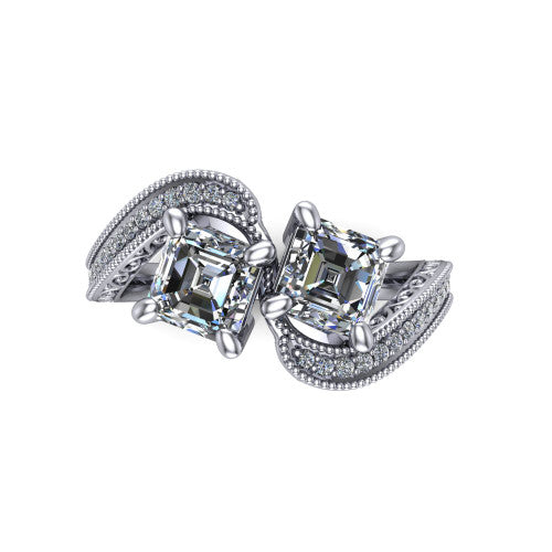 Stevie square emerald three stone engagement ring in Platinum, top-down view showing two step-cut square emerald diamonds set diagonally in a toi et moi arrangement above filigree scrollwork shoulders and a pave band