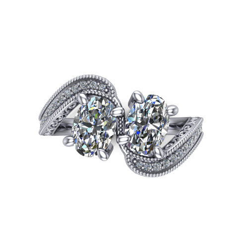 Stevie oval three stone engagement ring in 14K White Gold, top-down view showing two brilliant oval diamonds set diagonally in a toi et moi arrangement above filigree scrollwork shoulders and a pave band