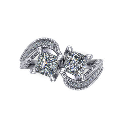 Stevie princess three stone engagement ring in 14K White Gold, top-down view showing two brilliant princess-cut diamonds set diagonally in a toi et moi arrangement above filigree scrollwork shoulders and a pave band