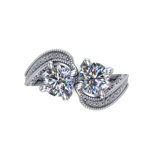 Stevie round three stone engagement ring in 14K White Gold, top-down view showing two brilliant round diamonds set diagonally in a toi et moi arrangement above filigree scrollwork shoulders and a pave band