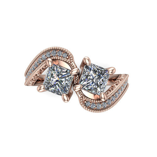 Stevie princess three stone engagement ring in 18K Rose Gold, top-down view showing two brilliant princess-cut diamonds set diagonally in a toi et moi arrangement above filigree scrollwork shoulders and a pave band