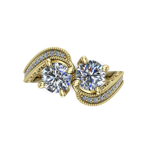 Stevie round three stone engagement ring in 14K Yellow Gold, top-down view showing two brilliant round diamonds set diagonally in a toi et moi arrangement above filigree scrollwork shoulders and a pave band