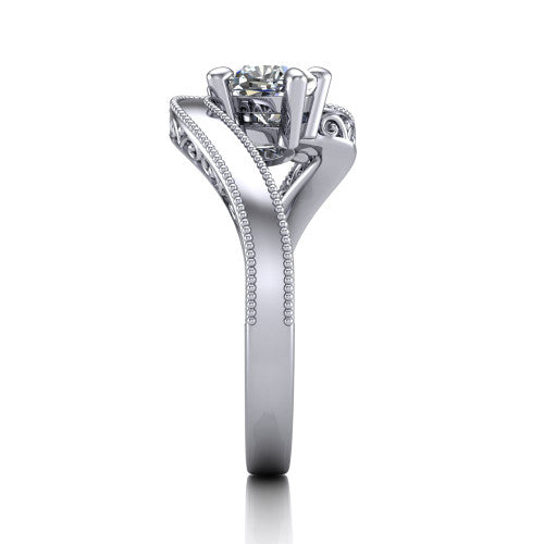 Logan cushion three stone engagement ring in Platinum, side profile showing the hand-engraved filigree shoulders and milgrain bead borders along the band