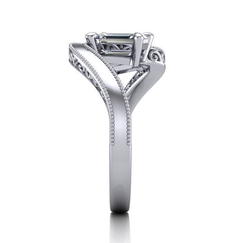 Logan emerald three stone engagement ring in Platinum, side profile showing the hand-engraved filigree shoulders and milgrain bead borders along the band