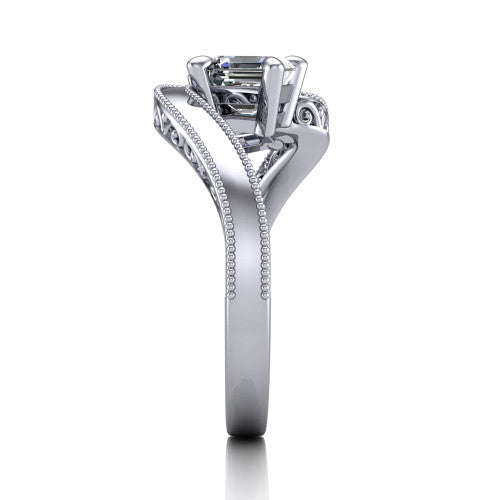 Logan square emerald three stone engagement ring in 18K White Gold, side profile showing the hand-engraved filigree shoulders and milgrain bead borders along the band