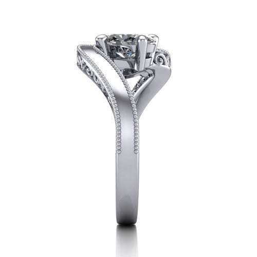 Logan oval three stone engagement ring in 18K White Gold, side profile showing the hand-engraved filigree shoulders and milgrain bead borders along the band