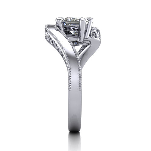 Logan princess three stone engagement ring in 14K White Gold, side profile showing the hand-engraved filigree shoulders and milgrain bead borders along the band