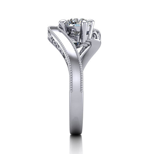 Logan round three stone engagement ring in Platinum, side profile showing the hand-engraved filigree shoulders and milgrain bead borders along the band