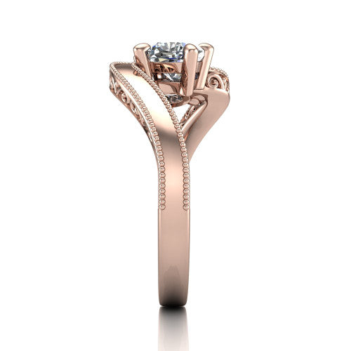 Logan cushion three stone engagement ring in 14K Rose Gold, side profile showing the hand-engraved filigree shoulders and milgrain bead borders along the band