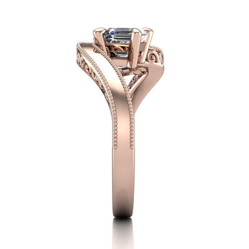 Logan square emerald three stone engagement ring in 18K Rose Gold, side profile showing the hand-engraved filigree shoulders and milgrain bead borders along the band