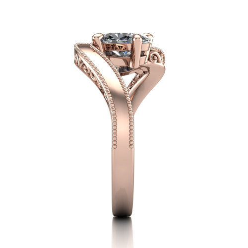 Logan oval three stone engagement ring in 18K Rose Gold, side profile showing the hand-engraved filigree shoulders and milgrain bead borders along the band