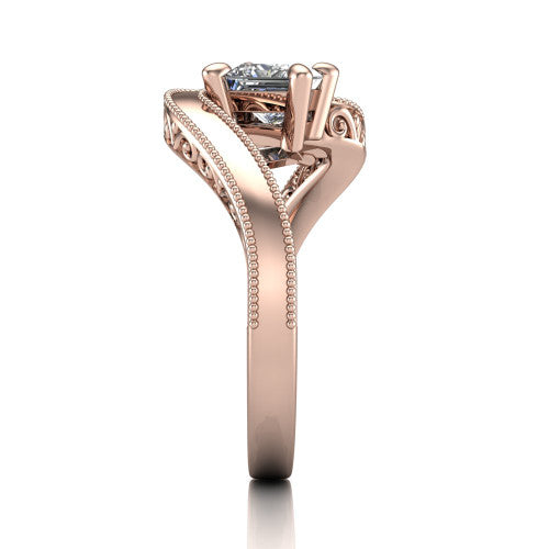 Logan princess three stone engagement ring in 14K Rose Gold, side profile showing the hand-engraved filigree shoulders and milgrain bead borders along the band