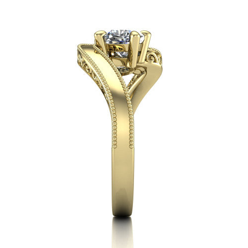 Logan cushion three stone engagement ring in 14K Yellow Gold, side profile showing the hand-engraved filigree shoulders and milgrain bead borders along the band