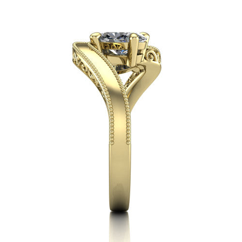 Logan oval three stone engagement ring in 18K Yellow Gold, side profile showing the hand-engraved filigree shoulders and milgrain bead borders along the band