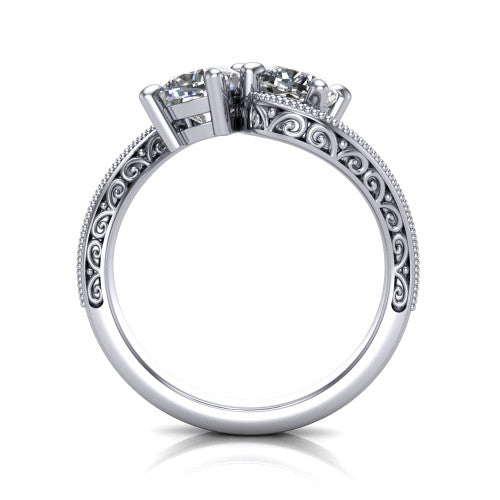 Logan cushion three stone engagement ring in 14K White Gold, through-finger front profile showing the two-stone head, filigree scrollwork, and milgrain band edges