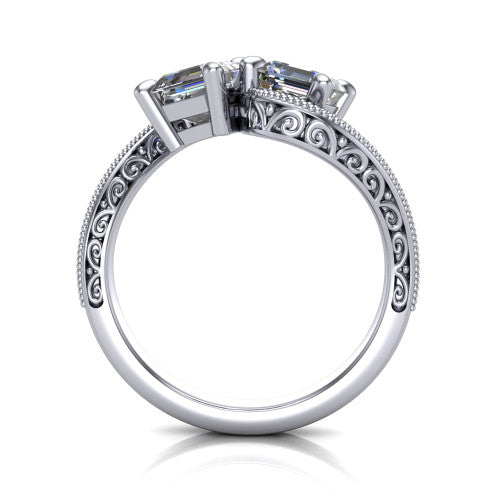 Logan square emerald three stone engagement ring in 18K White Gold, through-finger front profile showing the two-stone head, filigree scrollwork, and milgrain band edges