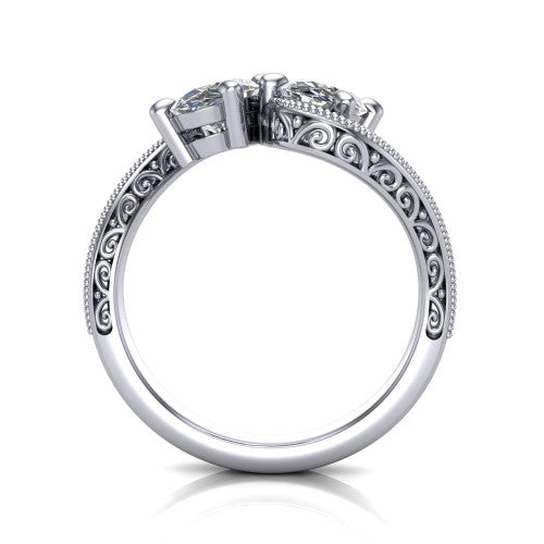 Logan oval three stone engagement ring in Platinum, through-finger front profile showing the two-stone head, filigree scrollwork, and milgrain band edges