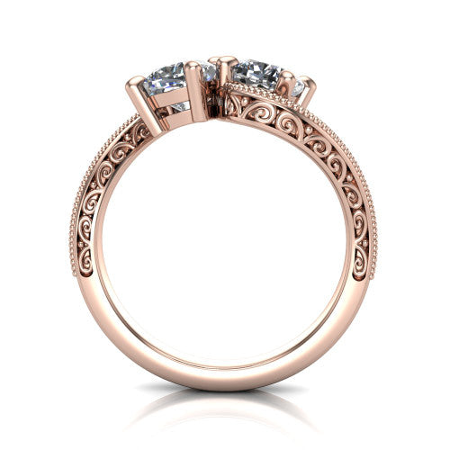 Logan cushion three stone engagement ring in 18K Rose Gold, through-finger front profile showing the two-stone head, filigree scrollwork, and milgrain band edges