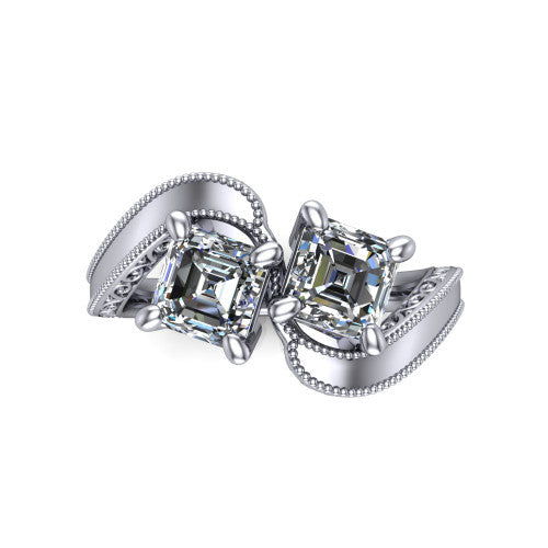 Logan square emerald three stone engagement ring in 14K White Gold, top-down view showing two step-cut square emerald diamonds set diagonally in a toi et moi arrangement above filigree scrollwork shoulders