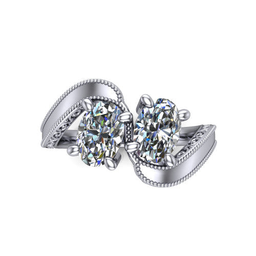Logan oval three stone engagement ring in 18K White Gold, top-down view showing two brilliant oval diamonds set diagonally in a toi et moi arrangement above filigree scrollwork shoulders