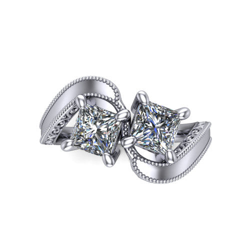 Logan princess three stone engagement ring in 18K White Gold, top-down view showing two brilliant princess-cut diamonds set diagonally in a toi et moi arrangement above filigree scrollwork shoulders
