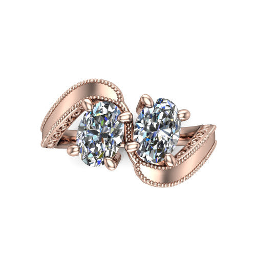 Logan oval three stone engagement ring in 18K Rose Gold, top-down view showing two brilliant oval diamonds set diagonally in a toi et moi arrangement above filigree scrollwork shoulders