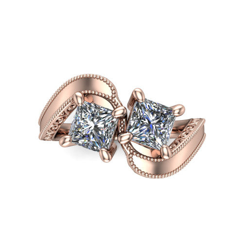 Logan princess three stone engagement ring in 14K Rose Gold, top-down view showing two brilliant princess-cut diamonds set diagonally in a toi et moi arrangement above filigree scrollwork shoulders