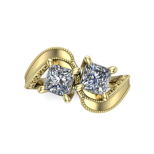 Logan princess three stone engagement ring in 18K Yellow Gold, top-down view showing two brilliant princess-cut diamonds set diagonally in a toi et moi arrangement above filigree scrollwork shoulders