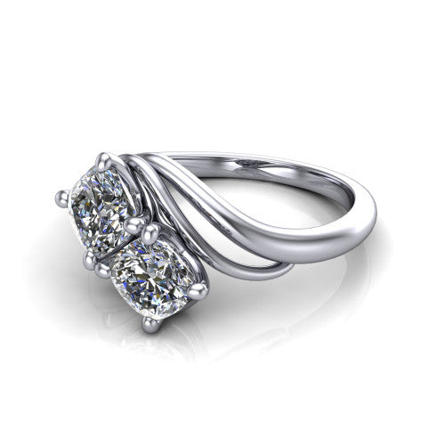 Julianna cushion three stone engagement ring in 14K White Gold, three-quarter perspective showing two brilliant cushion-cut diamonds set diagonally on multi-ribbon wrapping shoulders