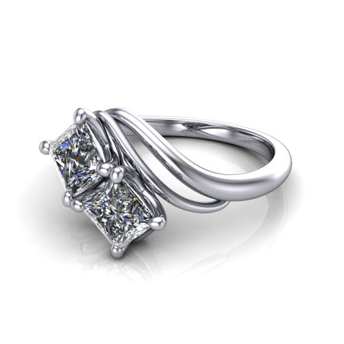 Julianna princess three stone engagement ring in Platinum, three-quarter perspective showing two brilliant princess-cut diamonds set diagonally on multi-ribbon wrapping shoulders