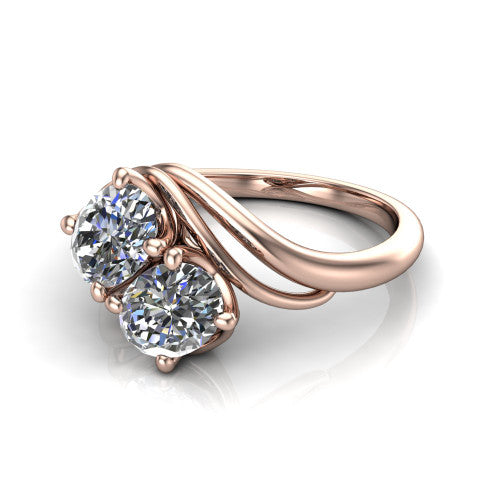 Julianna oval three stone engagement ring in 18K Rose Gold, three-quarter perspective showing two brilliant oval diamonds set diagonally on multi-ribbon wrapping shoulders