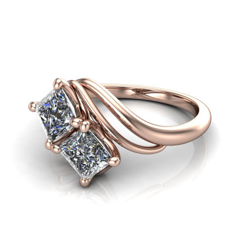Julianna princess three stone engagement ring in 14K Rose Gold, three-quarter perspective showing two brilliant princess-cut diamonds set diagonally on multi-ribbon wrapping shoulders