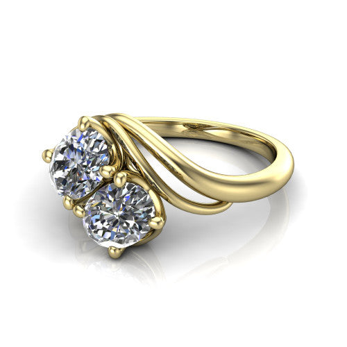 Julianna oval three stone engagement ring in 18K Yellow Gold, three-quarter perspective showing two brilliant oval diamonds set diagonally on multi-ribbon wrapping shoulders