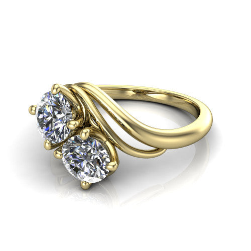 Julianna round three stone engagement ring in 14K Yellow Gold, three-quarter perspective showing two brilliant round diamonds set diagonally on multi-ribbon wrapping shoulders