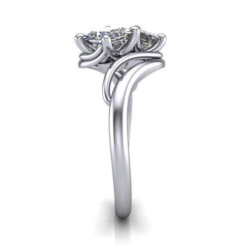 Julianna princess three stone engagement ring in Platinum, side profile showing the multi-ribbon shoulders curving around the head before rejoining as one band