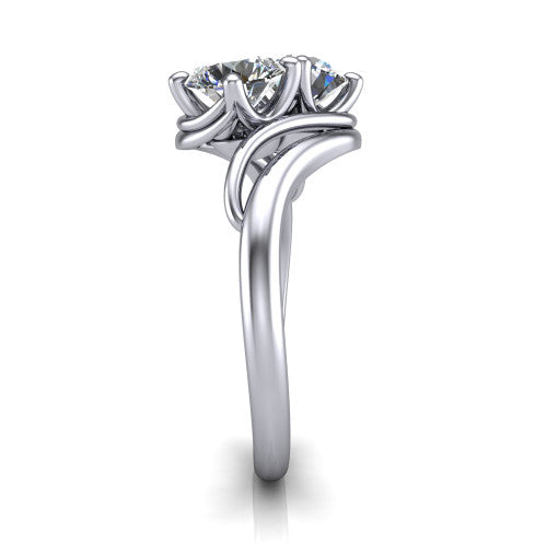Julianna round three stone engagement ring in Platinum, side profile showing the multi-ribbon shoulders curving around the head before rejoining as one band