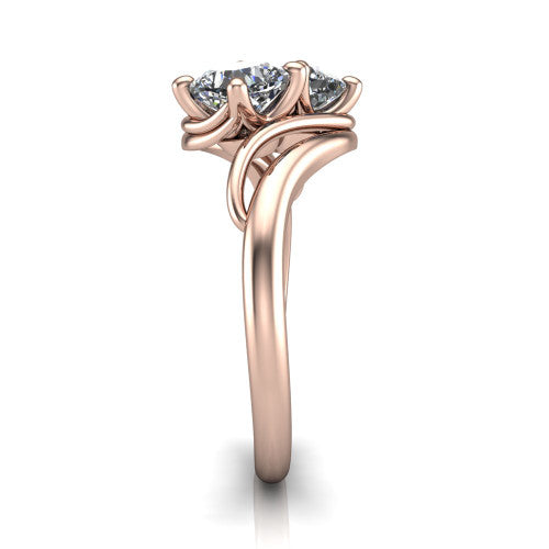 Julianna cushion three stone engagement ring in 14K Rose Gold, side profile showing the multi-ribbon shoulders curving around the head before rejoining as one band