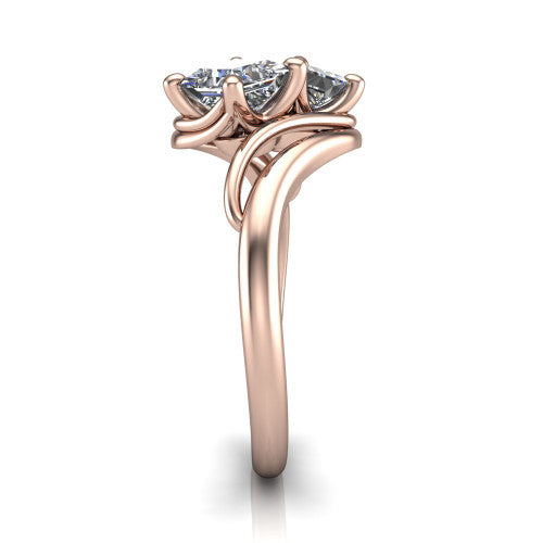 Julianna princess three stone engagement ring in 14K Rose Gold, side profile showing the multi-ribbon shoulders curving around the head before rejoining as one band