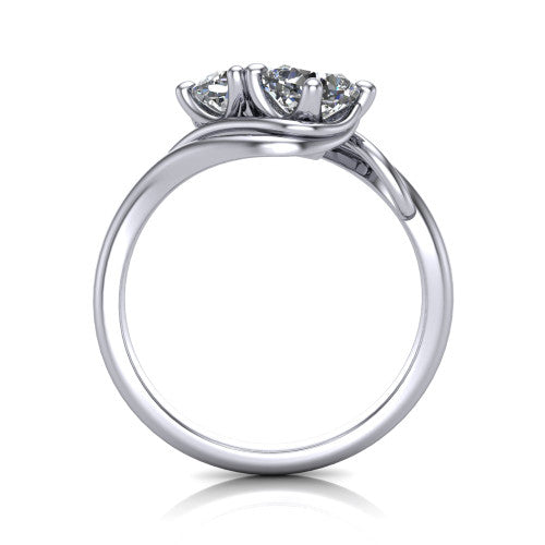 Julianna cushion three stone engagement ring in 14K White Gold, through-finger front profile showing the two-stone head and slim plain band