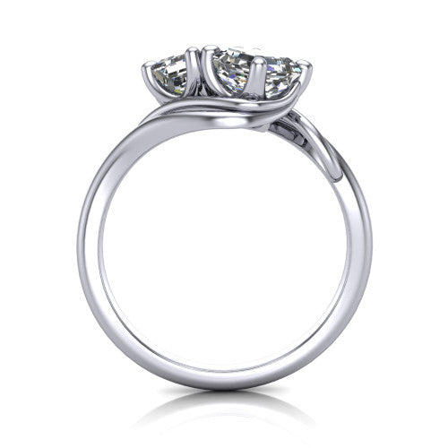 Julianna square emerald three stone engagement ring in Platinum, through-finger front profile showing the two-stone head and slim plain band