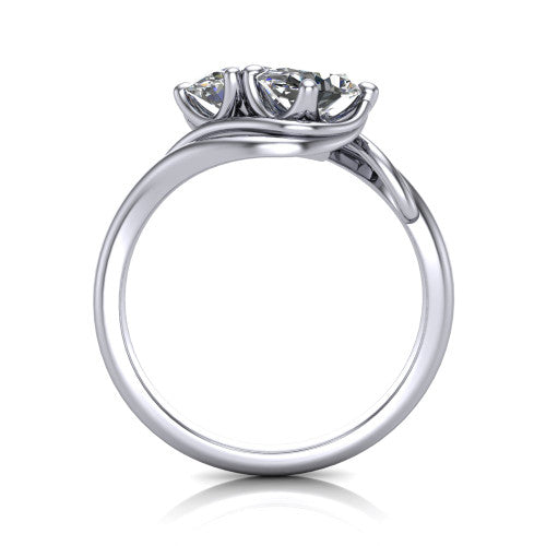 Julianna oval three stone engagement ring in 14K White Gold, through-finger front profile showing the two-stone head and slim plain band