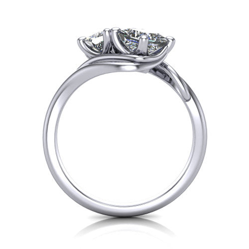Julianna princess three stone engagement ring in Platinum, through-finger front profile showing the two-stone head and slim plain band