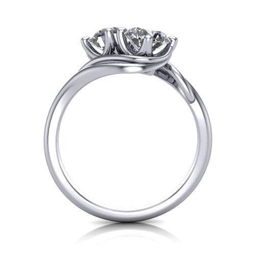Julianna round three stone engagement ring in Platinum, through-finger front profile showing the two-stone head and slim plain band